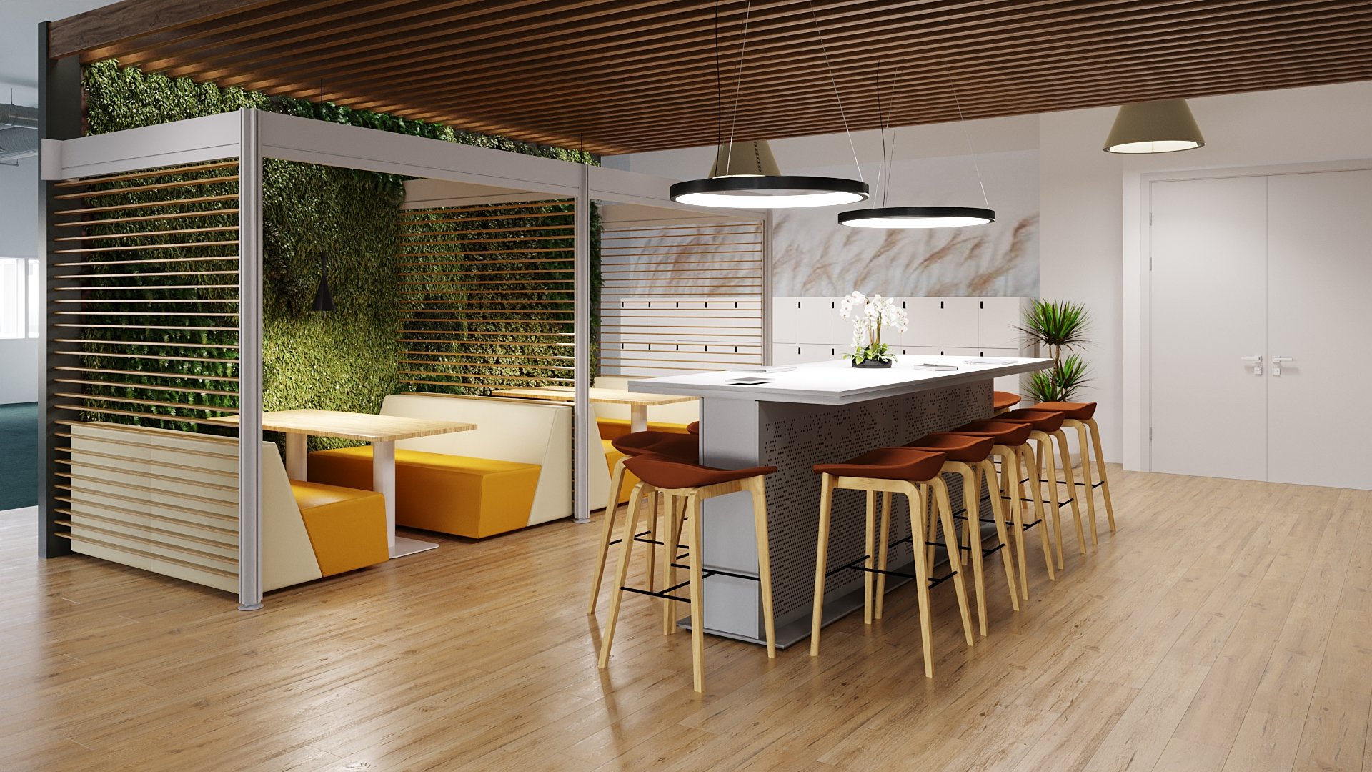 A render of a dining area in an office space. It includes a bar heigh table with stools and booths as well. The booths are seperated by wooden slats and one side has a plant covered wall. 