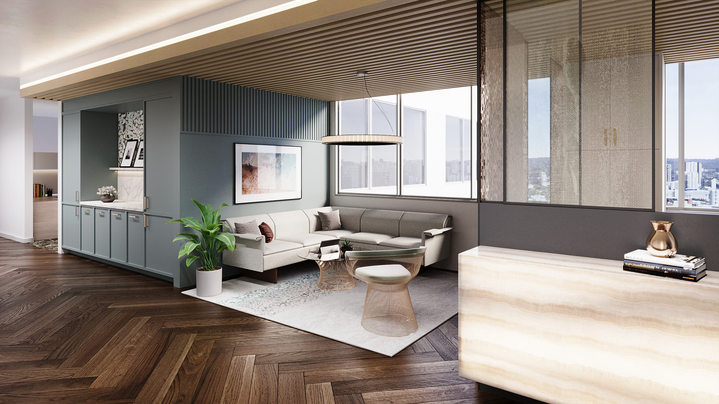 A render of casual sitting area in an office space. It includes a large couch, potted plant and accent chair. It focuses on natural light and wood finishes. 