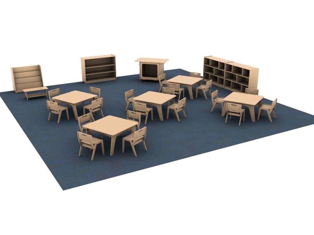 A render of desks, chairs and storage shelves from Fern Kids that was generated by The KITS collaborator