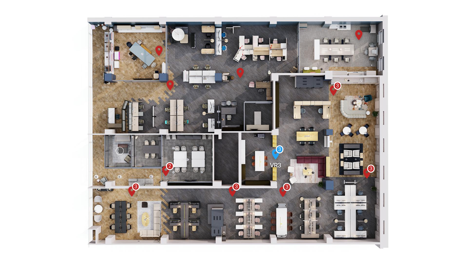 A birdseye view of a virtual showroom so you can see the floorplan of the space. There are red pins all over that show the different places you can view the showroom from in VR. 